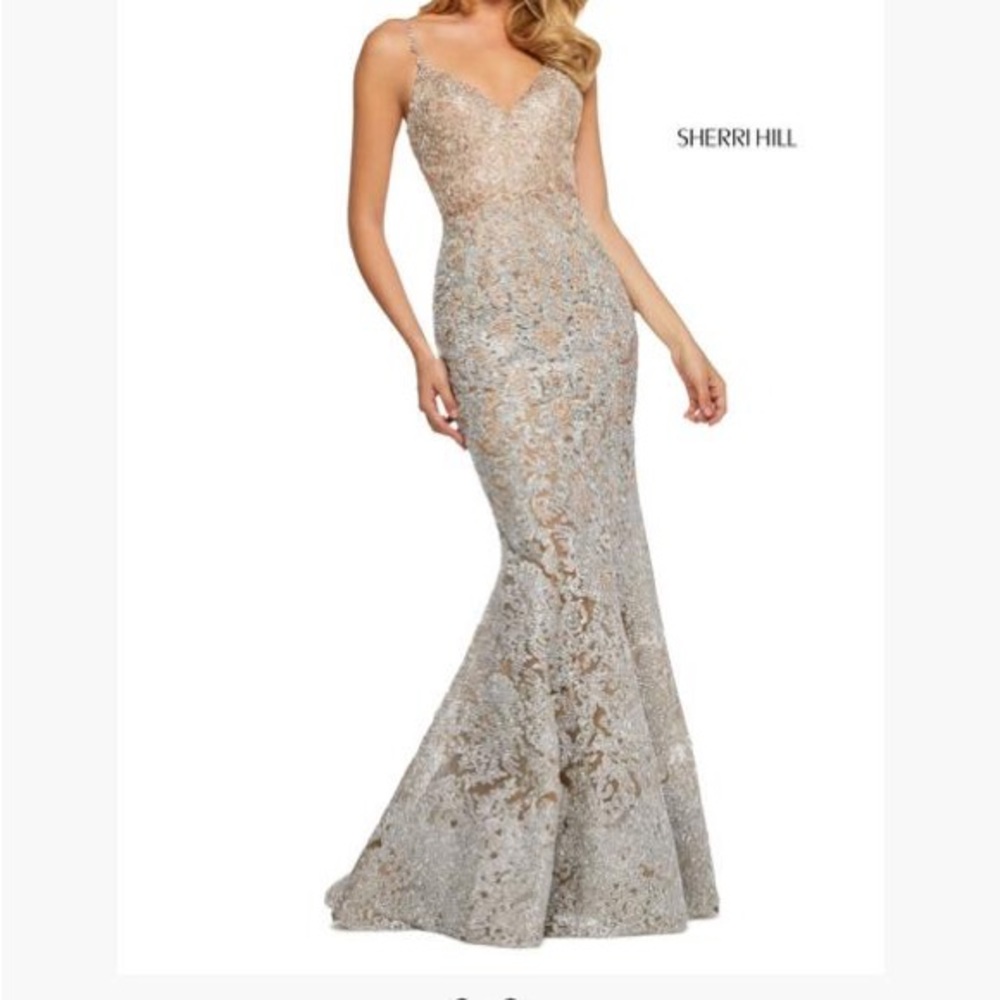 Sherri Hill Silver and Cream Prom Dress